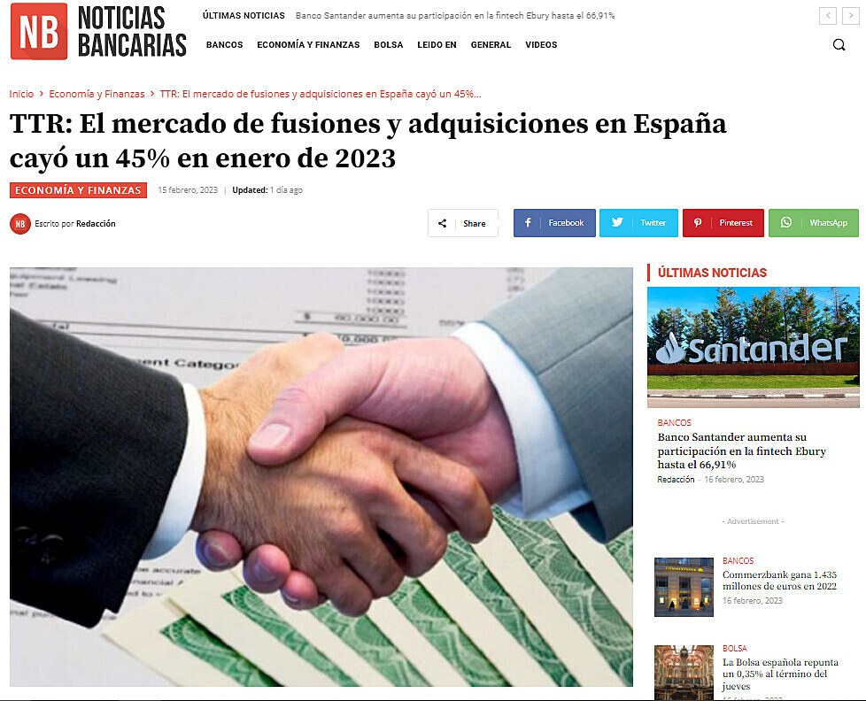 TTR: El mercado de fusiones y adquisiciones en Espaa cay un 45% en enero de 2023